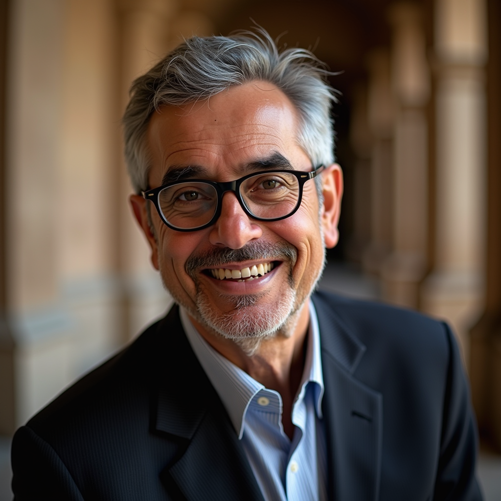 Dr. Ahmed Mansour - Chief Egyptologist and Content Director, Egyptian man in his 50s with gray hair and glasses, wearing professional attire, warm smile, museum background