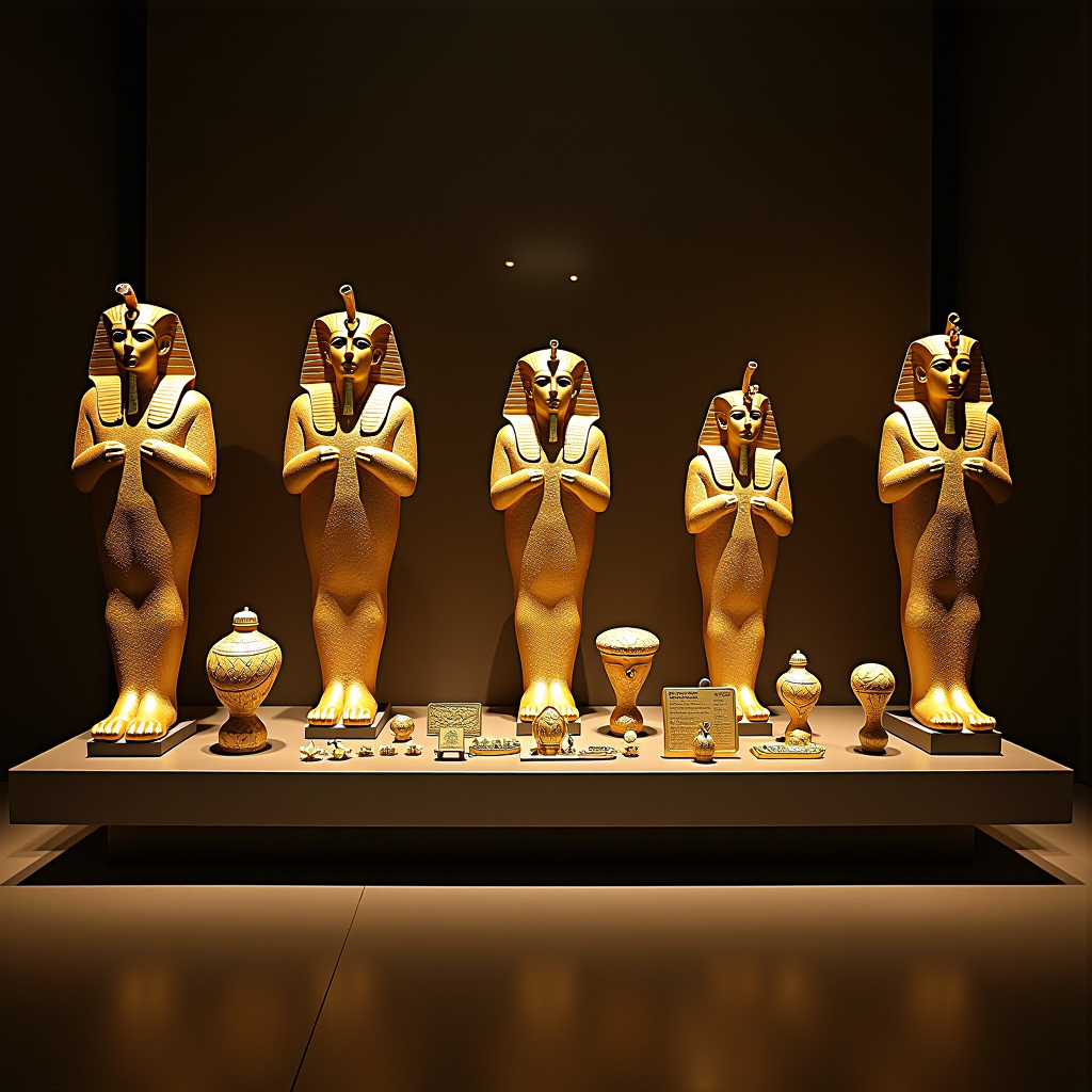 Stunning display of ancient Egyptian museum artifacts including golden sarcophagi, hieroglyphic tablets, and precious jewelry in a modern museum setting with dramatic lighting