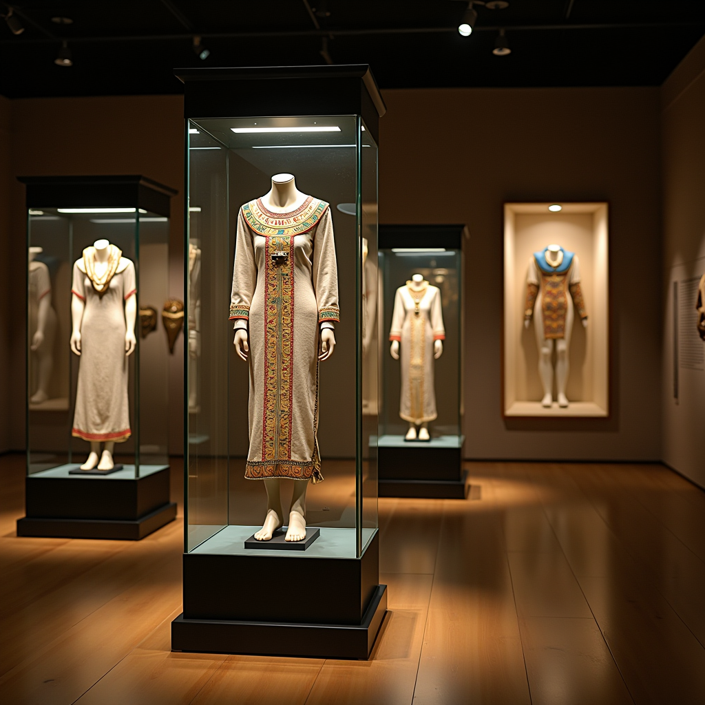 Ancient Egyptian linen garments, colorful jewelry, and royal accessories displayed in museum glass cases with dramatic lighting highlighting intricate details of pharaonic clothing and symbolic adornments
