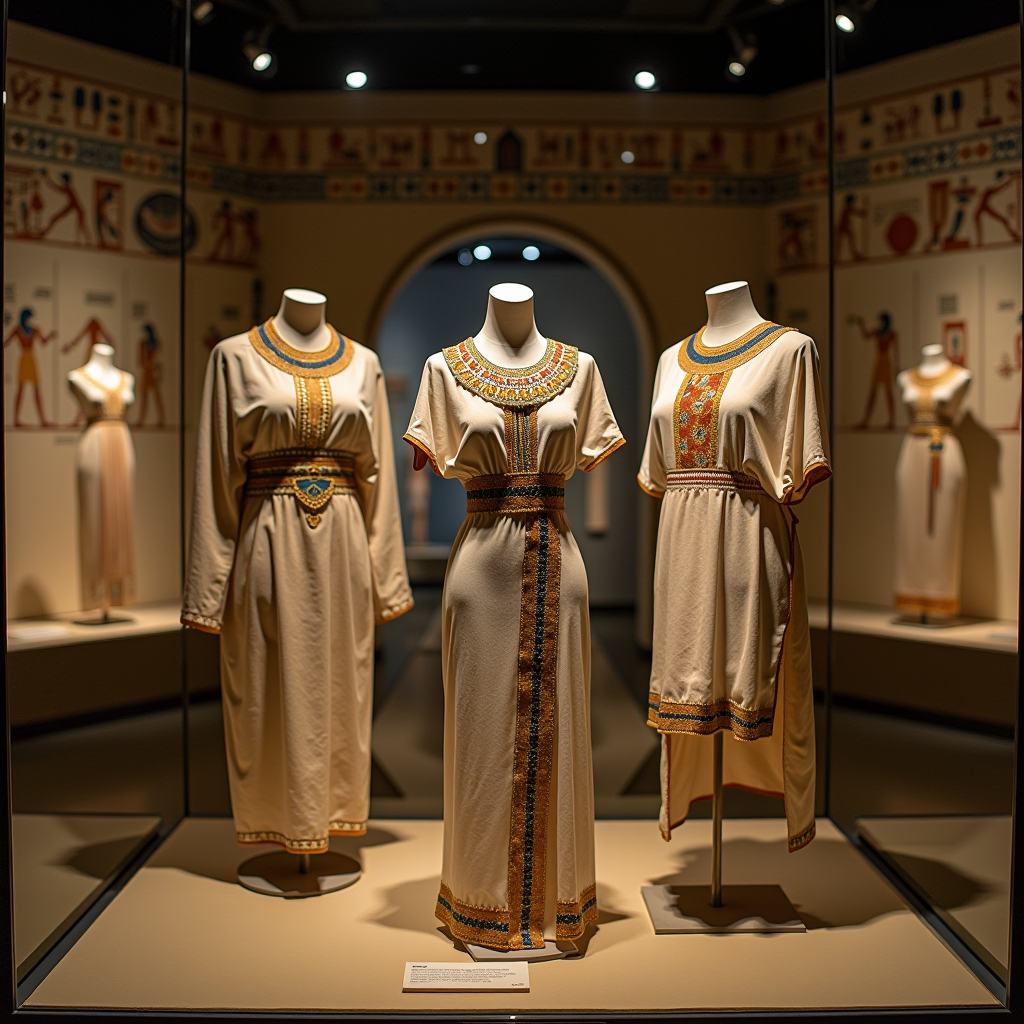 Museum display case featuring ancient Egyptian linen garments, golden jewelry, and colorful beaded accessories arranged on mannequins, with hieroglyphic wall paintings in the background and dramatic museum lighting highlighting the intricate details of pharaonic fashion
