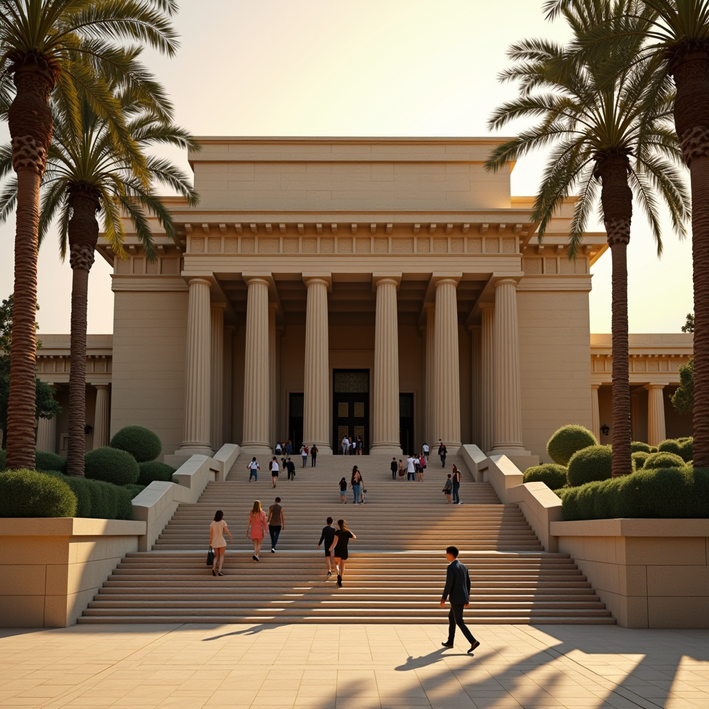 Majestic entrance of the Egyptian Museum in Cairo with towering columns, visitors walking up grand stairs, golden afternoon light illuminating the neoclassical architecture, palm trees framing the building