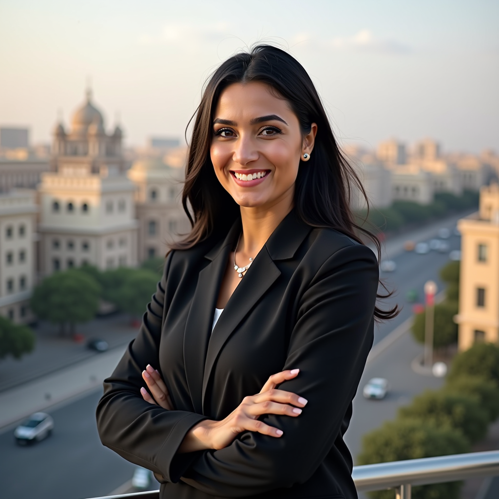 Sarah El-Sayed - Travel Planning Specialist, Egyptian woman in her 30s with dark hair, professional appearance, friendly expression, Cairo cityscape background