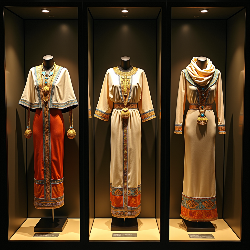 Ancient Egyptian linen garments, golden jewelry, and colorful accessories displayed in museum glass cases with dramatic lighting highlighting intricate hieroglyphic patterns and royal adornments