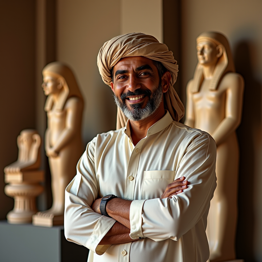 Mohamed Hassan - Senior Museum Guide, Egyptian man in his 40s, traditional guide attire, confident posture, ancient Egyptian artifacts in background