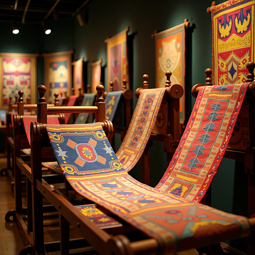 Colorful traditional Egyptian fabrics and textiles displayed on wooden looms and mannequins in Cairo Textile Museum, showing intricate Coptic weaving patterns, Islamic geometric designs, and vibrant threads in warm lighting