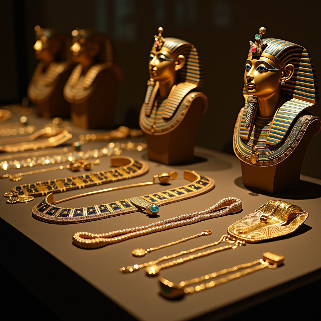 Stunning display of ancient Egyptian golden jewelry including Tutankhamun's treasures, ornate necklaces, bracelets, and Queen Nefertiti's iconic pieces with precious stones and intricate metalwork in illuminated museum cases