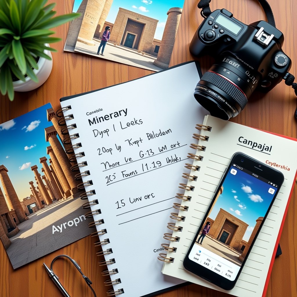 Overhead view of travel planning materials including museum maps of Egypt, fashion exhibit brochures, itinerary notebook with handwritten notes, camera, and smartphone showing museum opening hours and locations