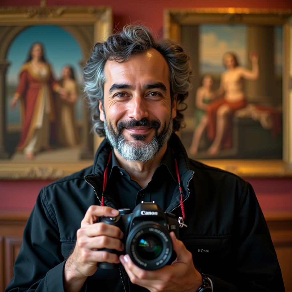 Karim Abdel-Rahman - Photography and Visual Content Director, Egyptian man in his 30s with camera, artistic appearance, museum gallery background